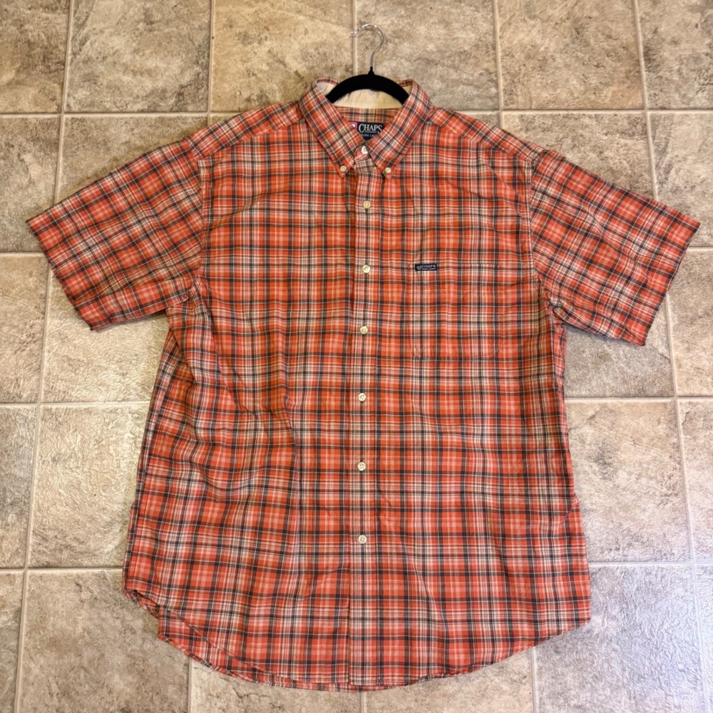 Chaps Ralph Lauren Mens XL Short Sleeve Plaid Button Down Shirt Orange Navy